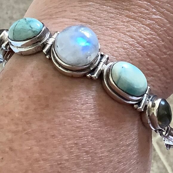 sterling SILVER VINTAGE MOON/LABRADORITE/LARIMAR STONE BRACELET - Picture 1 of 10